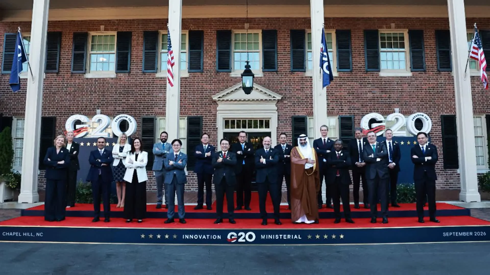 Делегации по време на G20 Innovation Ministerial в Chapel Hill, Северна Каролина, септември 2026 г.